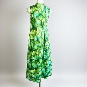 Vintage Handmade Green Floral Sleeveless Maxi Hostess Cocktail Dress
